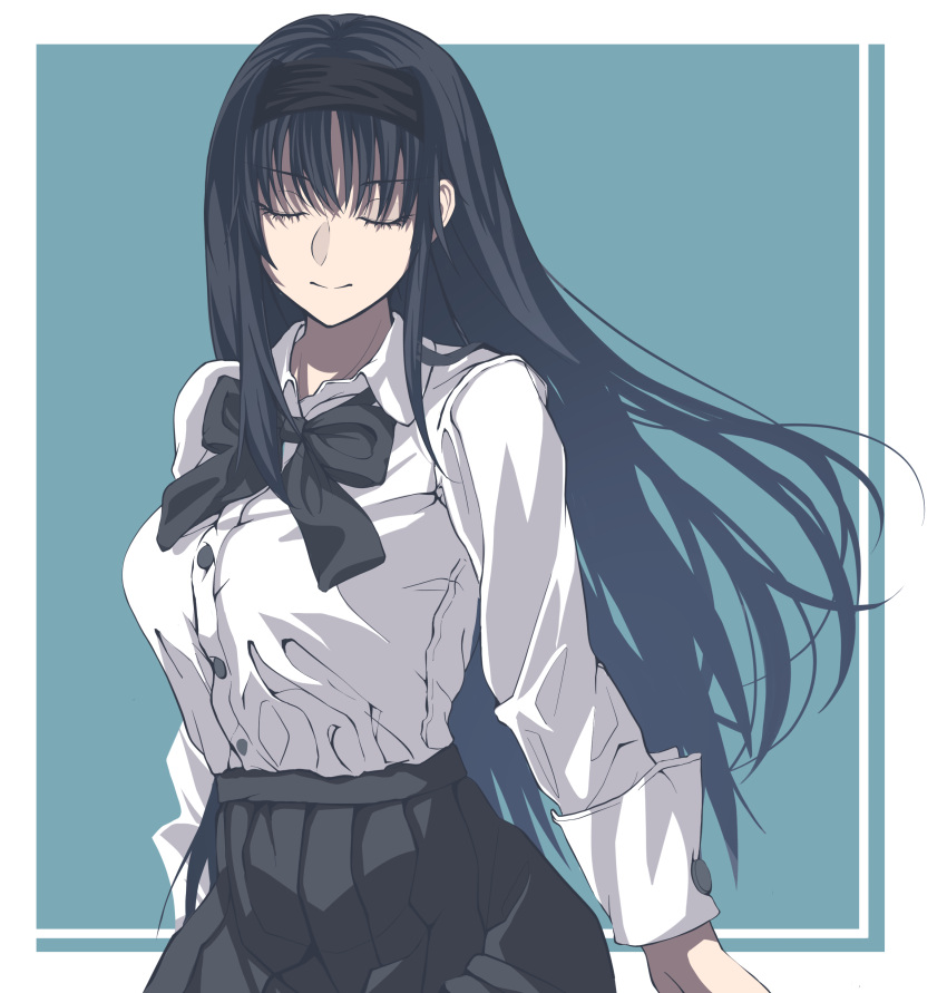 1girl absurdres black_bow black_bowtie black_hair black_hairband black_skirt bow bowtie breasts closed_eyes closed_mouth commentary cowboy_shot facing_viewer hairband highres long_hair long_sleeves shirt simple_background skirt smile solo tohno_akiha tsukihime ttumupen white_shirt