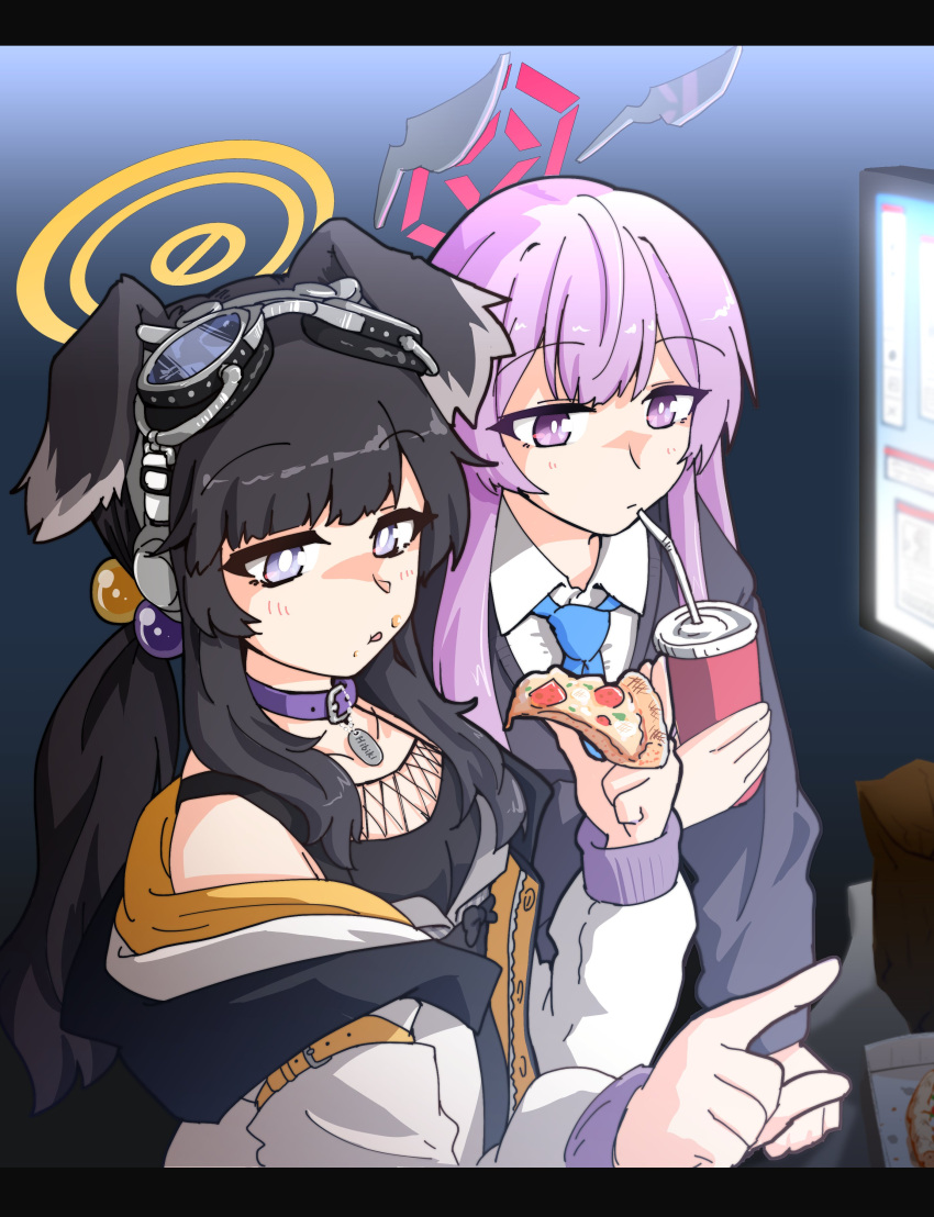 2girls absurdres animal_ears bare_shoulders black_hair blue_archive blue_eyes blunt_bangs blush cup dog_ears dog_girl eating engineering_department_(blue_archive) food hair_between_eyes hair_ornament halo hariyaa hibiki_(blue_archive) highres holding holding_cup holding_food holding_pizza looking_at_another multiple_girls off_shoulder open_clothes pizza pizza_slice utaha_(blue_archive) yellow_halo