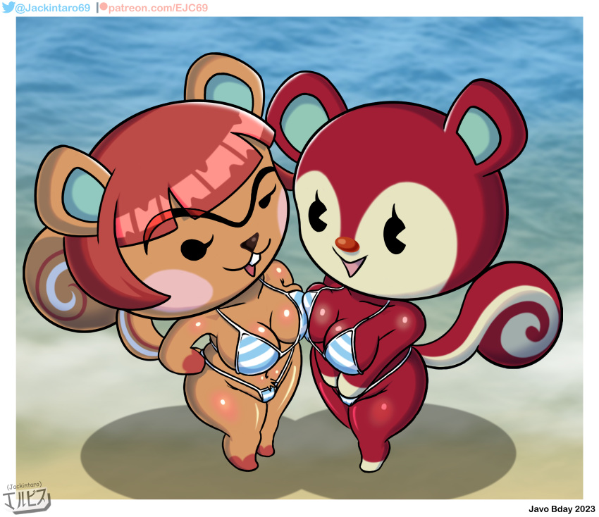 absurd_res animal_crossing anthro beach big_breasts bikini breasts buckteeth clothed clothing digital_media_(artwork) duo eyebrows female fur hair hazel_(animal_crossing) hi_res jackintaro looking_at_viewer mammal nintendo open_mouth orange_body poppy_(animal_crossing) red_body red_hair rodent sciurid seaside short_stack smile swimwear teeth thick_thighs tree_squirrel unibrow