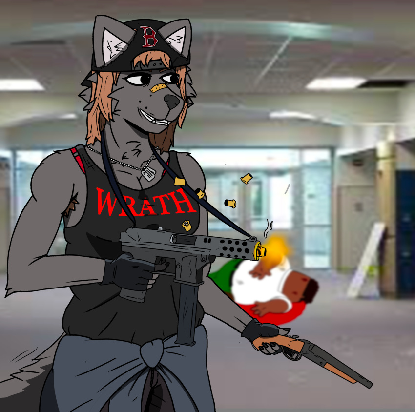 absurd_res anthro blood bodily_fluids bullet_casing bullet_wound canid canine canis death dylan_klebold family_guy female gun hi_res mammal peter_griffin ranged_weapon solo tomboy weapon wolf