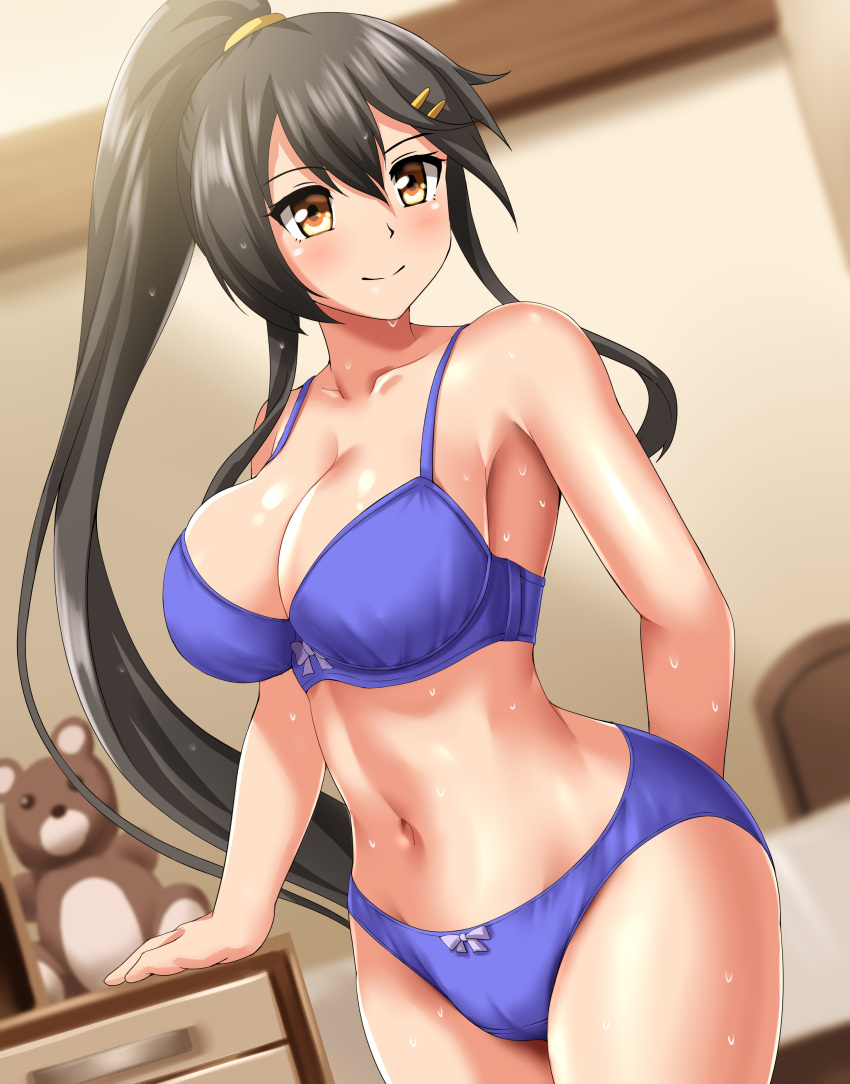 1girl absurdres bed black_hair blue_bra blue_panties bra breasts brown_eyes cleavage commission covered_navel cowboy_shot drawer dutch_angle hair_ornament hairclip haruna_(kancolle) highres kantai_collection large_breasts long_hair panties pixiv_commission smile solo standing stuffed_animal stuffed_toy teddy_bear underwear underwear_only wet zanntetu