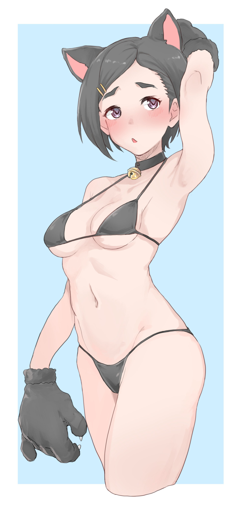 1girl absurdres animal_ears animal_hands arm_up armpits bare_shoulders bell bikini black_bikini black_choker black_gloves black_hair blue_background blush breasts cat_ears cat_paws choker cleavage collarbone cowboy_shot cropped_legs fake_animal_ears fur_gloves gloves grid_background hair_ornament hairclip highres idolmaster idolmaster_cinderella_girls idolmaster_cinderella_girls_starlight_stage jingle_bell looking_away matsuo_chizuru navel neck_bell open_mouth purple_eyes short_hair shy sideboob simple_background solo swimsuit thick_eyebrows two-tone_background underboob wasabijoyu76 white_background