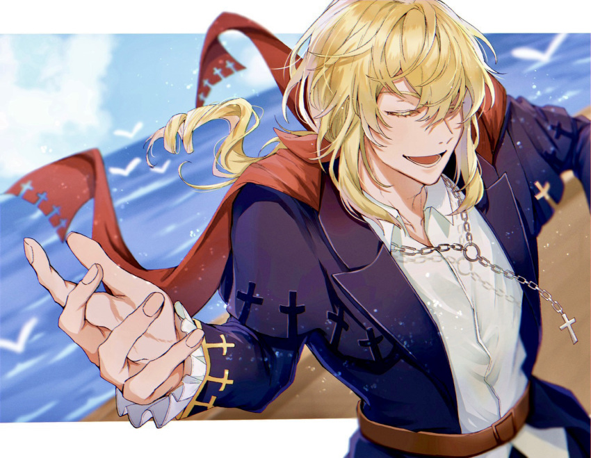 1boy beach belt blonde_hair blue_jacket brown_belt cape chain_necklace closed_eyes collared_shirt colored_eyelashes cross cross_necklace frilled_sleeves frills idolfried_ehrenberg jacket jewelry long_hair male_focus marchen necklace ponytail red_cape shirt sidelocks solo sound_horizon white_shirt yohane_(yohane007)