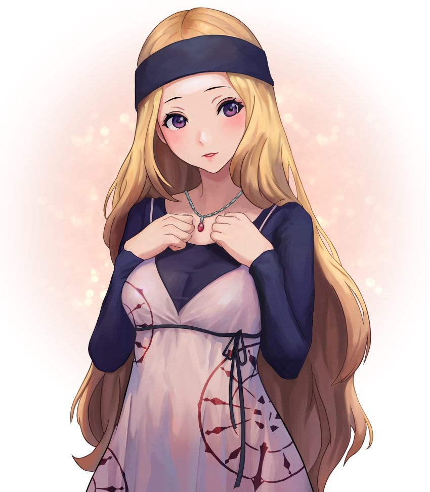 1girl absurdres black_headband black_shirt blonde_hair blush closed_mouth commentary_request dress headband highres jewelry lips long_hair long_sleeves looking_at_viewer mifune_chihaya necklace persona persona_5 pigsir13152 pink_dress pink_lips purple_eyes shirt simple_background solo very_long_hair