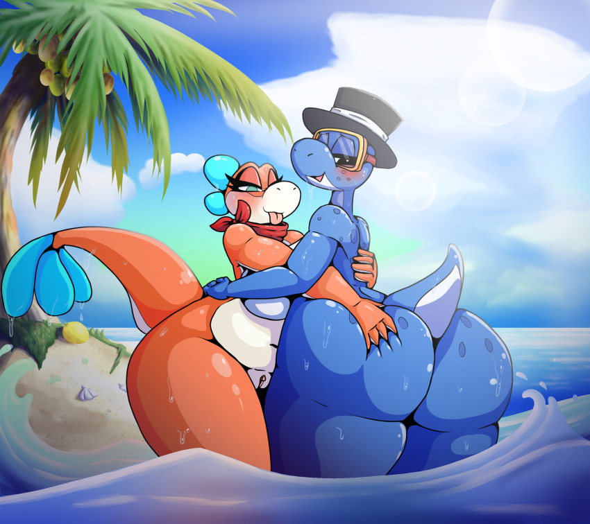 anthro bandanna beach big_breasts big_butt blue_body blue_skin blush breasts butt clothing dorrie eyewear female female/female genitals goggles hat headgear headwear hi_res iguanasarecool kerchief mario_bros nintendo orange_body orange_skin outside palm_tree plant plessie pussy sand scalie seaside super_mario_3d_world super_mario_odyssey tail thick_thighs tongue tree water wide_hips