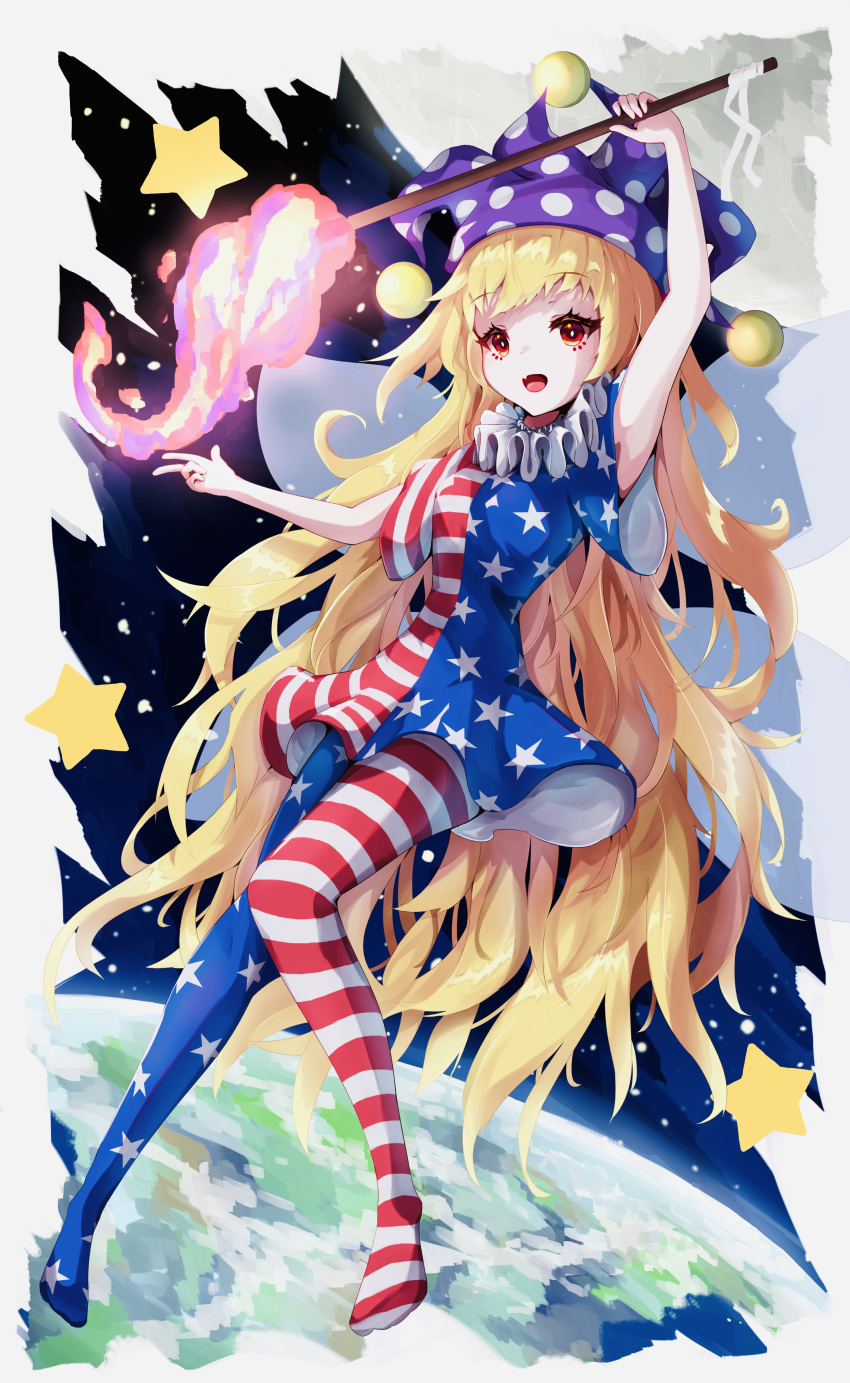 1girl absurdres american_flag_dress american_flag_pants arm_up black_sky blonde_hair breasts chigusa_(blackbass811) clownpiece dress earth_(planet) fairy_wings fang fire flying hand_up hat highres holding holding_torch jester_cap long_hair medium_breasts moon neck_ruff no_shoes open_mouth pants pink_fire planet polka_dot purple_headwear red_eyes short_sleeves sky smile solo space star_(sky) star_(symbol) star_print starry_sky striped striped_dress striped_pants tongue torch touhou very_long_hair wings