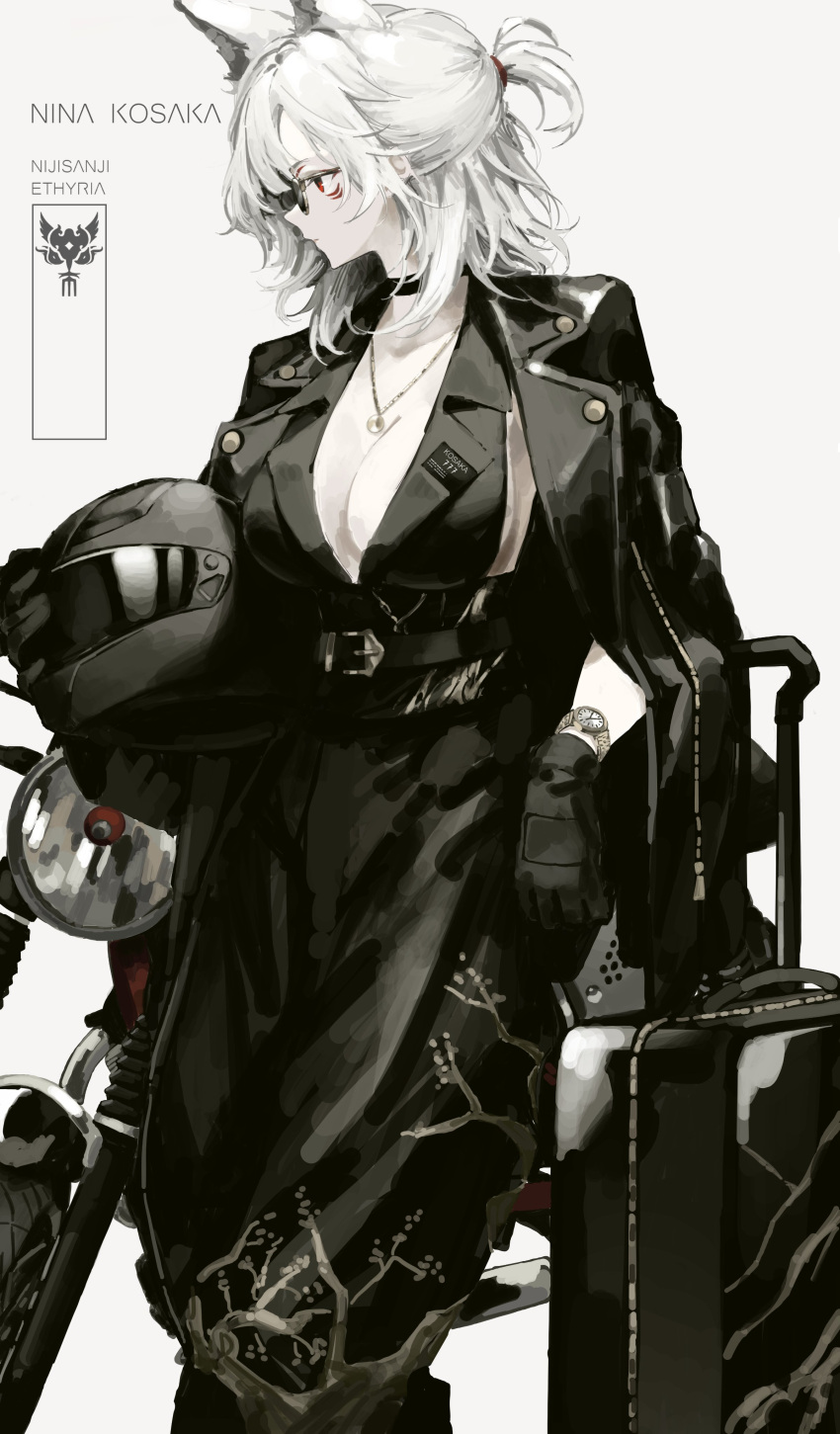 1girl absurdres alternate_costume animal_ears belt black_belt black_choker black_dress black_gloves black_jacket breasts choker cleavage dress fox_ears fox_girl gloves grey_hair half_updo helmet highres jacket jewelry kyoko_(zeprii4) motorcycle_helmet necklace nijisanji nijisanji_en nina_kosaka red_eyes sideboob solo suitcase virtual_youtuber