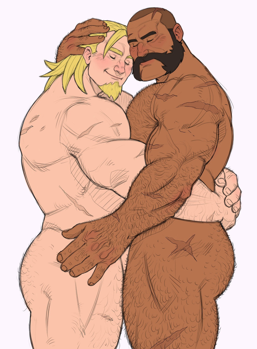 2boys aged_down alternate_body_hair arm_hair arms_around_waist ass ass_hair balderich_von_adler bara beard blush body_hair buzz_cut chest_hair comforting completely_nude couple dark-skinned_male dark_skin facial_hair feet_out_of_frame growlygruntz hairy hand_on_another's_head heads_together highres hug interracial knuckle_hair large_hands large_pectorals leg_hair male_focus mature_male medium_hair multiple_boys muscular muscular_male nude overwatch pectorals reinhardt_(overwatch) scar scar_on_arm scar_on_back scar_on_head short_hair sideburns sketch stomach thick_thighs thighs very_short_hair yaoi