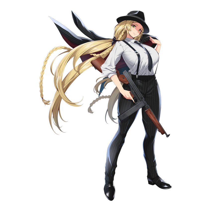 1girl black_bow black_headwear black_jacket black_necktie black_pants blonde_hair bow braid breasts closed_mouth collared_shirt fedora full_body gangster green_eyes gun hair_bow hat highres holding holding_clothes holding_gun holding_jacket holding_weapon huge_breasts jacket jacket_removed kloah last_origin legs_apart lips long_hair looking_at_viewer necktie nymph_(last_origin) official_alternate_costume official_art oxfords pants pinstripe_jacket pinstripe_pants pinstripe_pattern shirt simple_background sleeves_rolled_up smile solo standing striped submachine_gun suspenders tachi-e taut_clothes taut_shirt third-party_source thompson_submachine_gun transparent_background weapon white_shirt