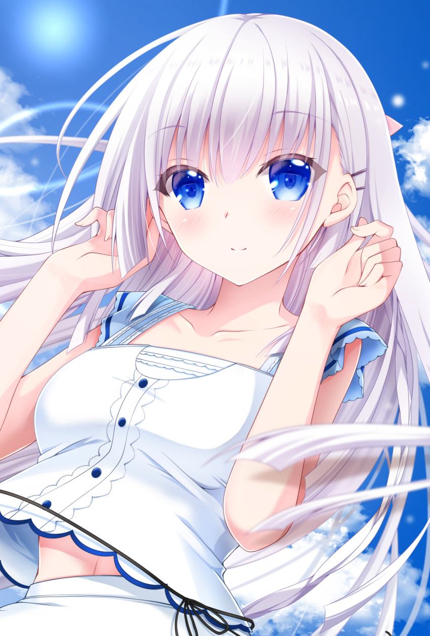1girl 2020 blue_eyes blue_sky blush breasts center_frills chibinon closed_mouth collarbone commentary_request dated_commentary day dress eyelashes eyes_visible_through_hair floating_hair frilled_dress frills hair_between_eyes hands_up highres long_hair looking_at_viewer medium_breasts naruse_shiroha navel outdoors sky smile solo straight-on summer_pockets sun upper_body very_long_hair white_dress white_hair