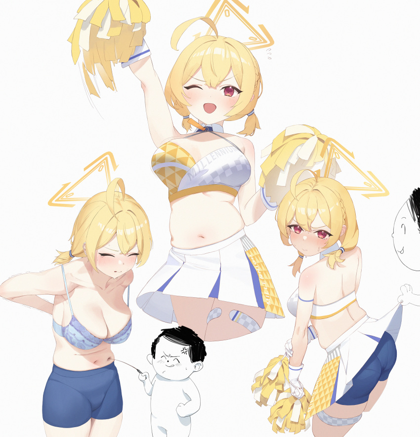1boy 1girl :q absurdres ahoge anger_vein arm_up arms_behind_back arona's_sensei_doodle_(blue_archive) ass back bare_shoulders belly belly_poke blonde_hair blue_archive blue_bra blue_shorts blush bra braid breasts cheerleader cleavage closed_eyes closed_mouth clothes_lift collarbone commentary cowboy_shot crop_top dot_nose film_grain from_behind gloves hair_between_eyes hair_ornament halo highres holding holding_pom_poms inconvenient_breasts kotori_(blue_archive) kotori_(cheer_squad)_(blue_archive) large_breasts lifted_by_another long_hair looking_at_viewer looking_back midriff millennium_cheerleader_outfit_(blue_archive) miniskirt muffin_top navel official_alternate_costume open_mouth parted_lips pleated_skirt plump pointer pom_pom_(cheerleading) red_eyes rikuhito_juusan sensei_(blue_archive) short_hair short_twintails shorts simple_background skindentation skirt skirt_lift sleeveless standing stomach sweat tearing_up thick_thighs thigh_strap thighs tongue tongue_out triangle_halo twintails underwear white_background white_skirt yellow_halo