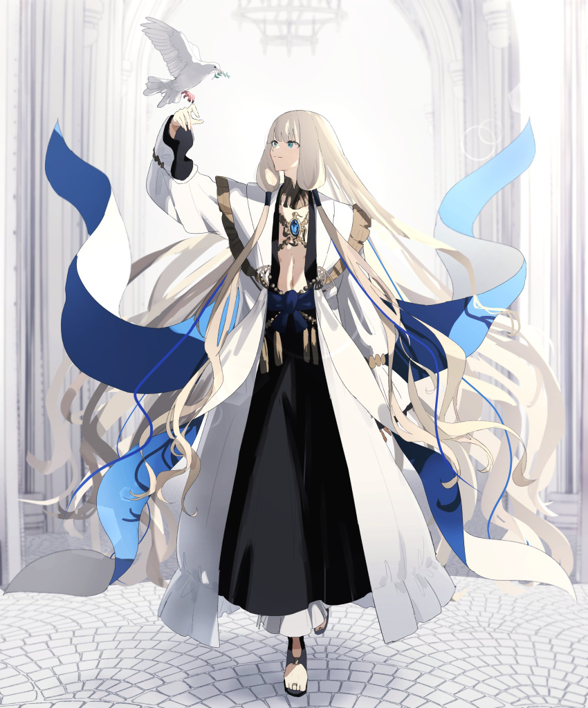 1boy absurdres aqua_eyes arch bird bird_on_hand black_collar black_footwear black_robe blonde_hair blue_cape blue_gemstone blunt_bangs cape chandelier closed_mouth coat collar dove fate/grand_order fate/grand_order_arcade fate_(series) full_body gem gold_trim hair_ribbon hand_up highres lens_flare long_hair long_sleeves looking_at_animal looking_to_the_side male_focus navel ne_f_g_o noah_(fate) open_clothes open_coat open_robe pillar ribbon robe sandals sett smile solo standing tassel toeless_footwear tress_ribbon very_long_hair wavy_hair white_coat