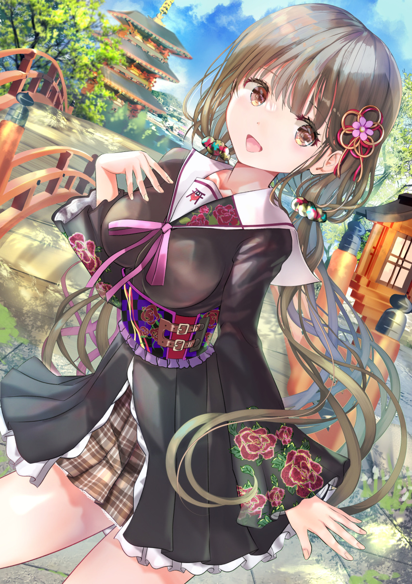 1girl absurdres black_dress bridge brown_eyes brown_hair day dress hand_on_own_chest highres japanese_clothes leaning_forward long_hair long_sleeves looking_at_viewer ogata_tei open_mouth original outdoors school_uniform serafuku smile solo standing