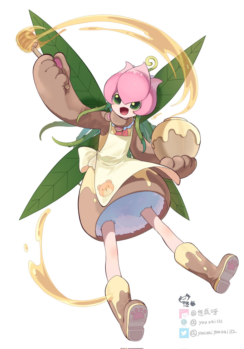 1girl alternate_costume animal_costume apron artist_name bear_costume boots brown_footwear digimon fairy flower full_body green_eyes hair_vines highres holding_honeypot honey_dipper leaf_wings lilimon looking_at_viewer monster_girl open_mouth petals plant plant_girl simple_background solo twitter_logo twitter_username watermark white_apron white_background youzaiyouzai112