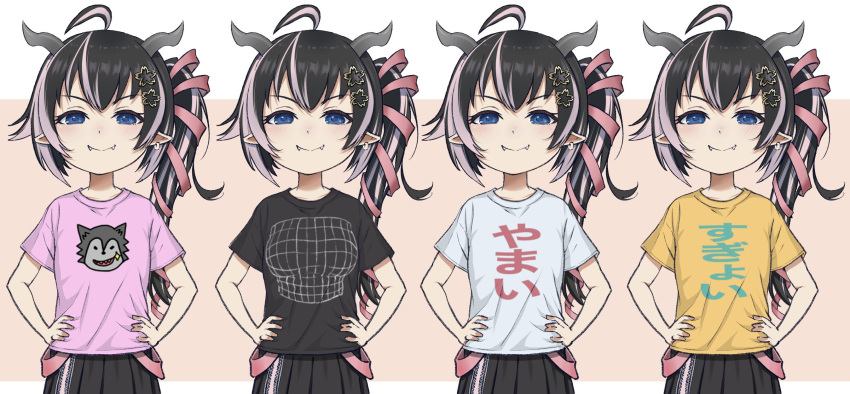 1girl ahoge alternate_costume black_hair black_shirt black_skirt blue_eyes blush closed_mouth commentary cowboy_shot demon_girl demon_horns earrings fangs fangs_out flat_chest flower grey_horns hair_flower hair_ornament hair_ribbon hands_on_own_hips highres horns illusion_grid_t-shirt jewelry long_hair looking_at_viewer multicolored_hair nanashi_inc. oinomori_may one_side_up pink_background pink_hair pink_ribbon pink_shirt pleated_skirt pointy_ears ribbon shirt short_sleeves single_earring skirt smile t-shirt tengu_nimuru two-tone_background two-tone_hair virtual_youtuber white_background white_shirt yellow_shirt