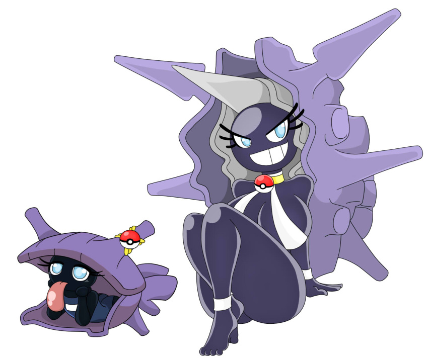 anthro armwear big_breasts blue_eyes breasts clothing cloyster collar duo female generation_1_pokemon hi_res horn huge_breasts legwear nintendo pokeball pokemon pokemon_(species) purple_body shell shellder simple_background smile swimwear tongue urusee584 white_background