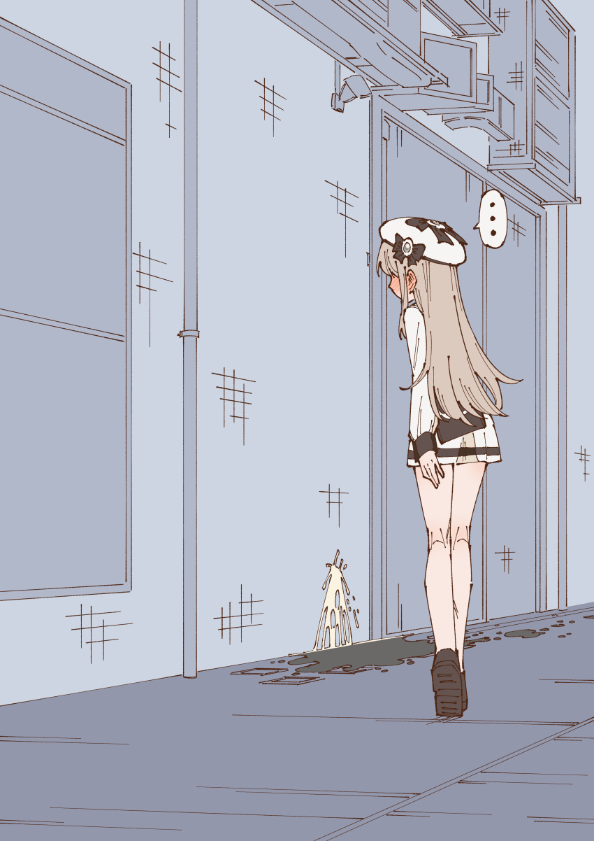 ... 1girl absurdres alley arm_at_side beret black_bow blush bow brown_hair commentary_request door ear_blush embarrassed faceless faceless_female flat_color from_behind full_body grey_background grey_gemstone hat hat_bow heel_up highres industrial_pipe ivorine_(rune_(dualhart)) kneepits legs legs_together long_hair long_sleeves miniskirt nose_blush original outdoors partial_commentary pee peed_self pleated_skirt puddle rune_(dualhart) shirt sidelocks skirt solo speech_bubble spoken_ellipsis standing thighs tile_wall tiles wet wet_clothes wet_shirt wet_skirt white_headwear white_shirt white_skirt