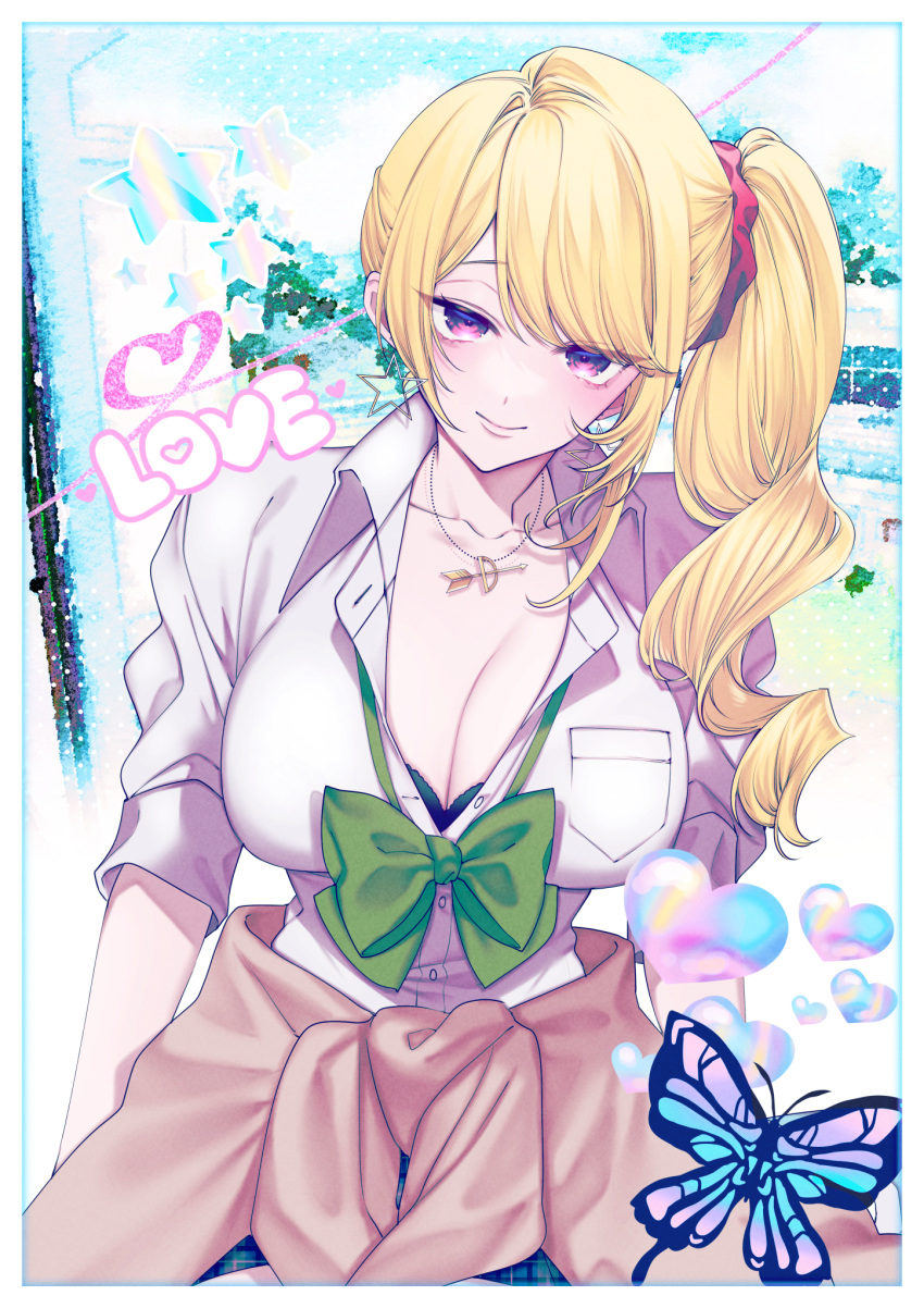 1girl black_bra blonde_hair blue_skirt bow bowtie bra bra_peek breast_pocket breasts bug butterfly cleavage collarbone collared_shirt earrings green_bow green_bowtie hair_ornament hair_scrunchie heart highres jewelry large_breasts long_hair necklace original pocket purple_eyes red_scrunchie rrk_oekaki school_uniform scrunchie shirt side_ponytail skirt solo star_(symbol) star_earrings tied_sweater underwear white_shirt