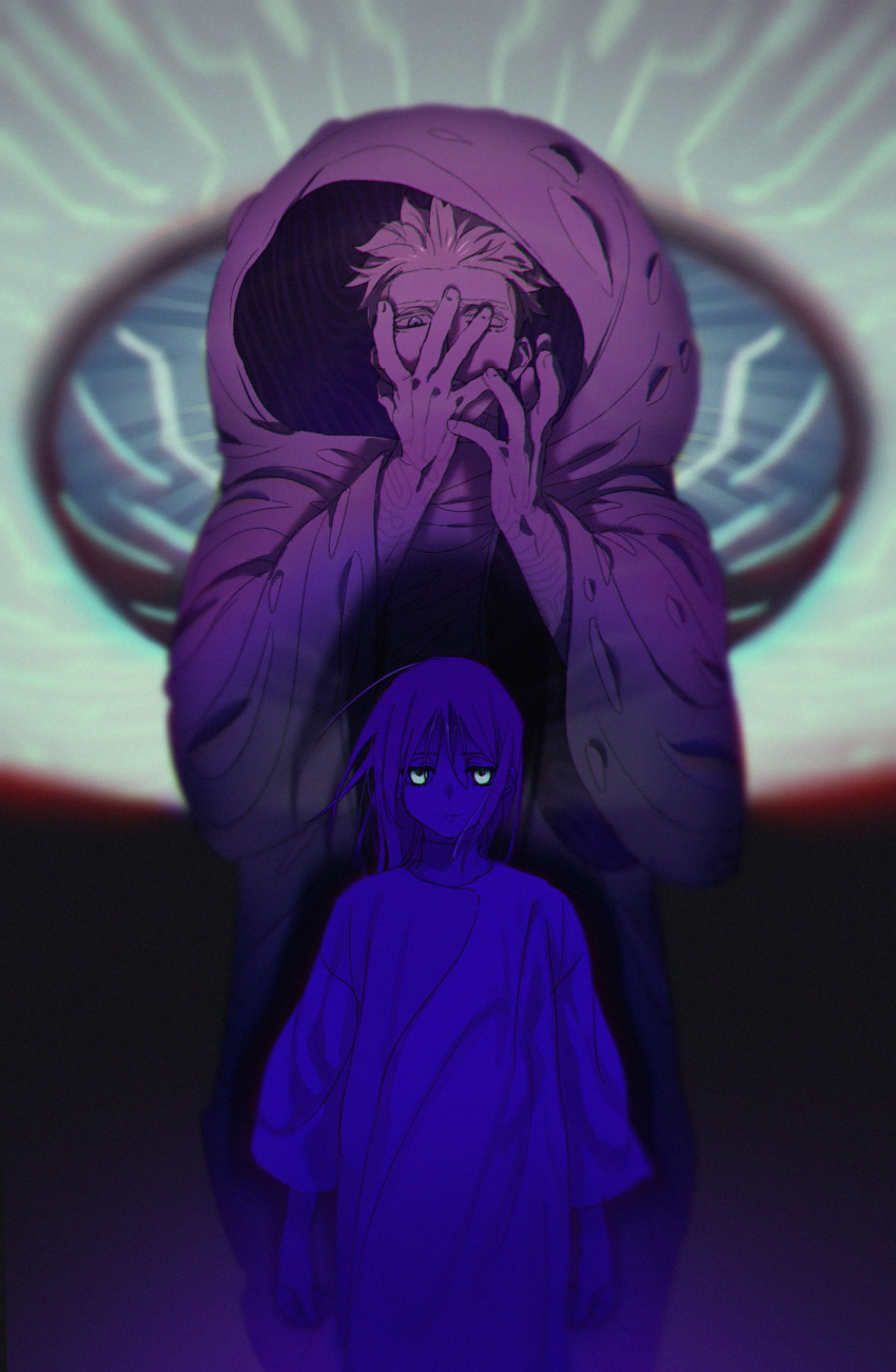 1boy 1girl arms_at_sides blue_theme blurry blurry_background child glowing glowing_eyes hand_on_own_face hands_up height_difference highres hooded_robe looking_at_viewer millions_knives multiple_monochrome one_eye_covered purple_theme robe rokuga1 short_hair spiked_hair standing tesla_(trigun) trigun trigun_stampede