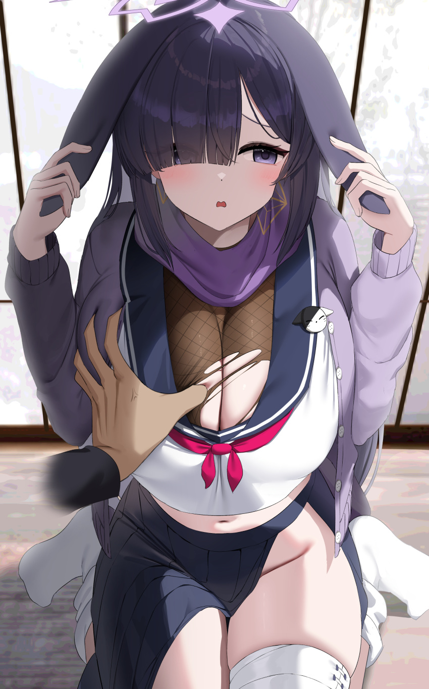 1boy 1girl absurdres bandaged_leg bandages black_hair black_skirt blue_archive blue_sailor_collar breasts cleavage commentary_request grabbing grabbing_another's_breast hair_over_one_eye halo highres large_breasts long_hair looking_to_the_side neckerchief nicorima purple_eyes purple_halo purple_scarf red_neckerchief sailor_collar scarf school_uniform serafuku shirt sitting skirt solo_focus thighs torn_clothes tsukuyo_(blue_archive) white_shirt