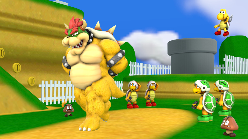 anthro bowser cobaltapple collar digital_media_(artwork) goomba group hammer_bro hands_behind_back hi_res horn koopa male mammal mario_bros muscular nintendo open_mouth outside scalie sky spikes teeth walking