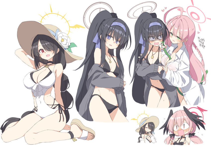 &lt;|&gt;_&lt;|&gt; 4girls ahoge bags_under_eyes black_hair black_wings blue_archive braid green_eyes hairband halo hanako_(blue_archive) hanako_(swimsuit)_(blue_archive) hat head_wings highres hinata_(blue_archive) hinata_(swimsuit)_(blue_archive) koharu_(blue_archive) koharu_(swimsuit)_(blue_archive) long_braid long_hair multiple_girls official_alternate_costume pink_eyes pink_hair pink_halo ponytail purple_eyes purple_hairband red_eyes red_halo satou_kibi simple_background single_braid straw_hat ui_(blue_archive) ui_(swimsuit)_(blue_archive) very_long_hair white_background wings yellow_halo