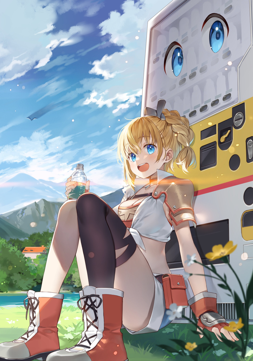 1girl 1other absurdres arm_support armor belt_pouch blonde_hair blue_eyes blue_shorts blue_sky blurry blurry_foreground blush boots bottle braid braided_ponytail choker cloud collared_shirt cover_image crop_top cross-laced_footwear day fingerless_gloves flower gloves hakkon_(jihanki) highres holding holding_bottle jidouhanbaiki_ni_umarekawatta_ore_wa_meikyuu_wo_samayou knees_up lace-up_boots lammis_(jihanki) long_hair looking_at_viewer midriff nature novel_illustration official_art on_grass open_mouth outdoors pouch red_footwear red_gloves round_teeth second-party_source shirt short_shorts shorts shoulder_armor single_thighhigh sitting sky smile teeth textless_version thighhighs thighs tied_shirt upper_teeth_only vending_machine white_shirt yuuki_hagure