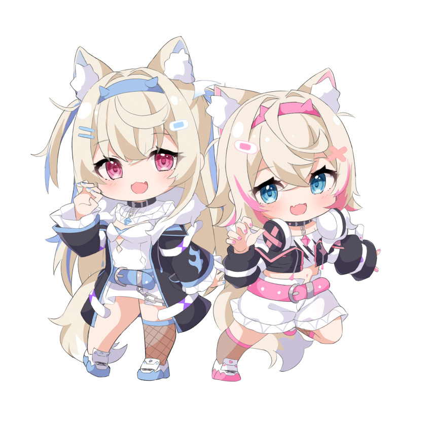 2girls :d ame. animal_ear_fluff animal_ears belt belt_buckle black_collar black_jacket blonde_hair blue_belt blue_eyes blue_hair blue_hairband blue_nails breasts brown_socks buckle chain chibi claw_pose collar commentary_request crop_top dog_ears dog_girl dog_tail dress fang fishnet_socks fishnet_thighhighs fishnets full_body fur-trimmed_jacket fur_trim fuwawa_abyssgard hair_between_eyes hair_ornament hairband hairclip hand_up headphones headphones_around_neck highres hololive hololive_english jacket kneehighs long_hair looking_at_viewer medium_breasts midriff mococo_abyssgard multicolored_hair multiple_girls nail_polish navel open_clothes open_jacket pink_belt pink_hair pink_hairband pink_nails red_eyes shoes shorts simple_background single_thighhigh smile socks standing standing_on_one_leg streaked_hair tail thighhighs two_side_up very_long_hair virtual_youtuber white_background white_dress white_footwear white_shorts x_hair_ornament