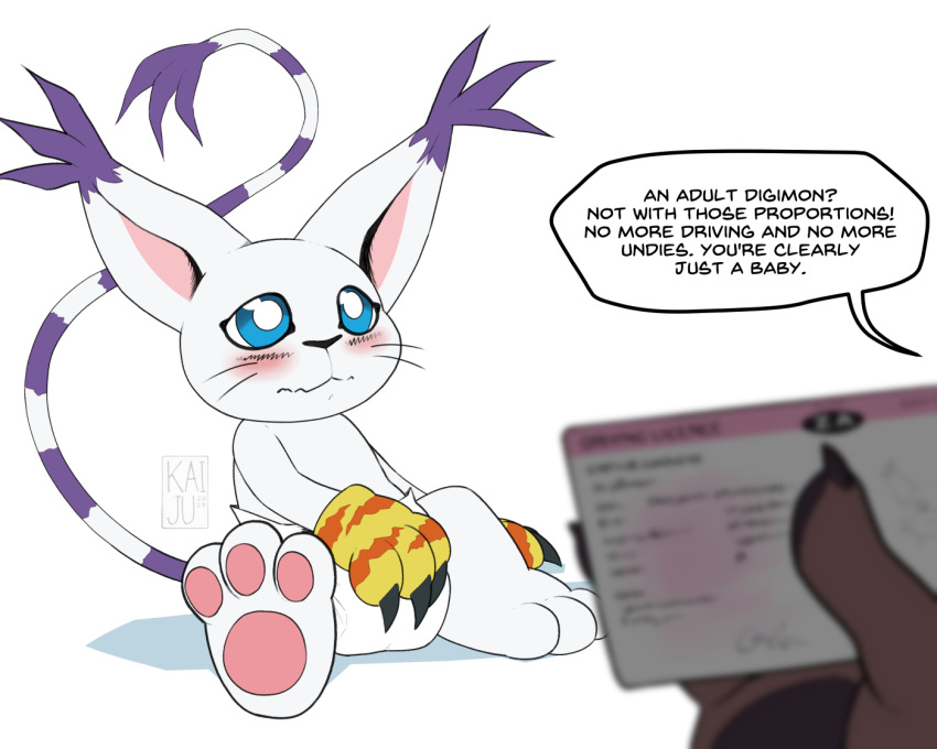 ambiguous_gender anthro bandai_namco blush claws clothing dialogue diaper digimon digimon_(species) embarrassed frown gatomon gloves hand_on_diaper handwear id_card pawpads preschoolkaiju sitting solo speech_bubble touching_diaper