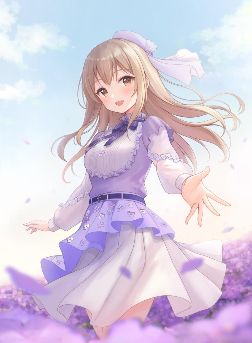 1girl blue_dress blue_sky blush brown_eyes center_frills cloud dress flower frilled_dress frills highres kirifrog light_brown_hair long_hair nijisanji open_mouth sister_cleaire sky smile virtual_youtuber