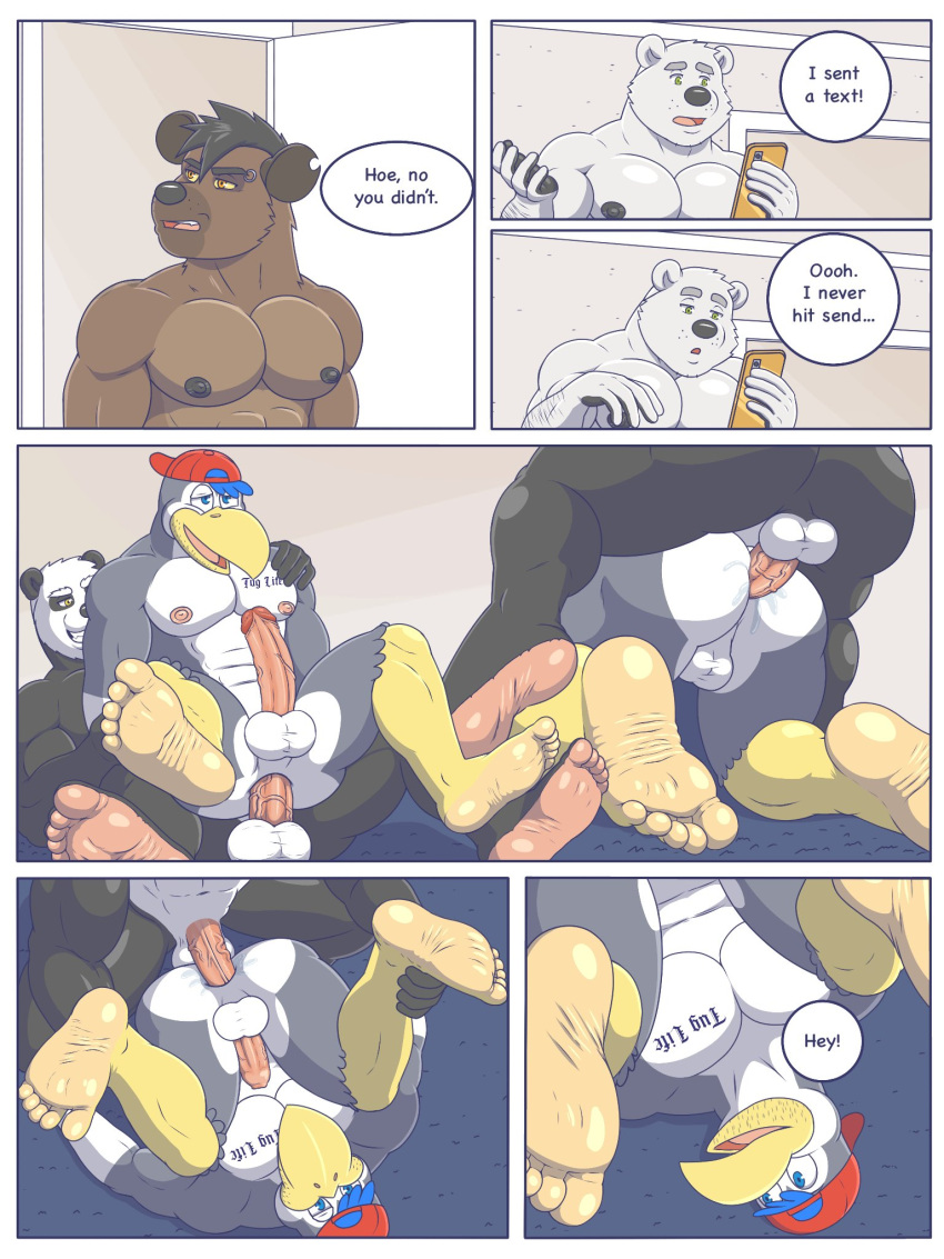 3:4 anal anal_penetration anthro avian balls bear bird black_body butt cheech comic curt_(rainyatsu) english_text fur genitals giant_panda hi_res humor hyena male male/male male_penetrated male_penetrating male_penetrating_male mammal muscular nipples notched_ear penetration polar_bear rain-yatsu sex spotted_hyena text trans_(lore) trans_man_(lore) ursine white_body white_fur