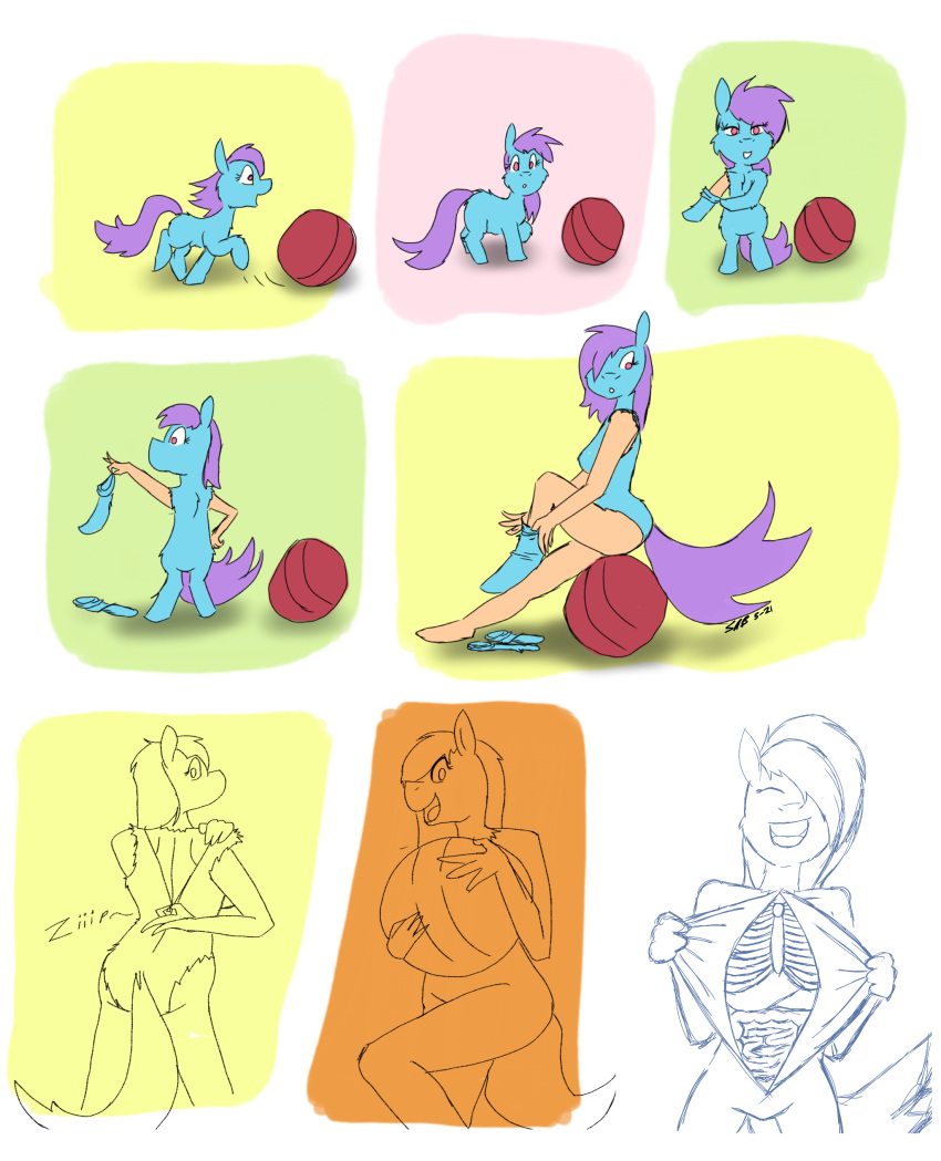 absurd_res anthro bait_and_switch ball blue_body comic female feral feral_to_anthro fluffsplosion fluffy_pony hair hi_res organs purple_hair rib_cage solo striptease transformation