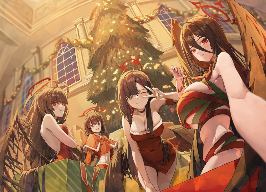 4girls armband black_hair black_wings blood_halo blue_archive blunt_bangs breasts capelet choker christmas_present christmas_tree cleavage closed_mouth dress dutch_angle feathered_wings foreshortening from_below fur-trimmed_dress fur_trim gift grey_eyes hair_between_eyes hair_ornament hairclip halo hasumi_(blue_archive) highres huge_breasts ichika_(blue_archive) indoors justice_task_force_(blue_archive) large_breasts long_hair looking_at_viewer low_wings m.q_(mqkyrie) mashiro_(blue_archive) melting_halo multiple_girls naked_ribbon navel one_eye_closed open_mouth purple_eyes red_armband red_capelet red_choker red_dress red_eyes red_halo ribbon ribs santa_costume short_hair skindentation smile stomach tinsel tsurugi_(blue_archive) v very_long_hair wavy_mouth wings