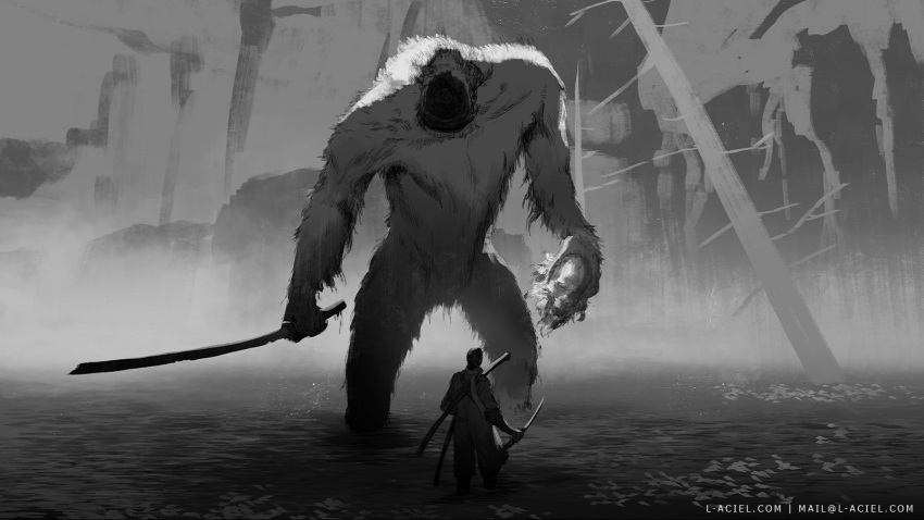 1boy email_address facing_another facing_away from_behind giant greyscale guardian_ape headless highres holding holding_head holding_sword holding_weapon katana l_aciel male_focus monochrome monster sekiro sekiro:_shadows_die_twice standing sword tree water weapon