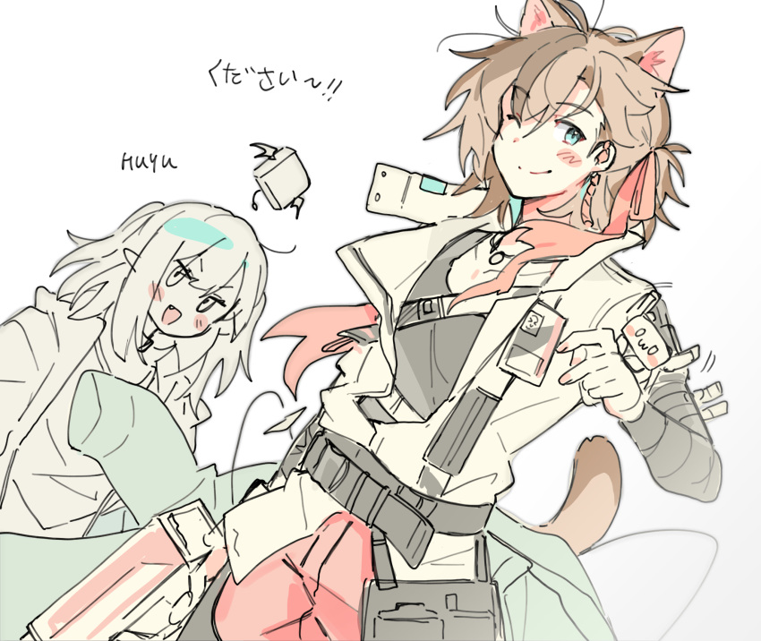 0w0 1boy 1girl animal_ears arknights belt black_belt black_shirt blue_eyes braid brown_hair cat_ears cat_tail closure_(arknights) highres jacket looking_at_viewer male_focus one_eye_closed pants partially_colored red_pants red_ribbon ribbon shirt simple_background smile stainless_(arknights) tail wed_(lim38869577) white_background white_jacket