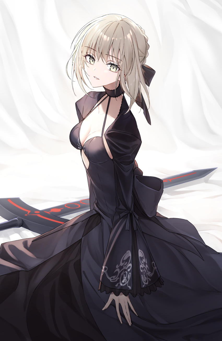 1girl artoria_pendragon_(fate) black_dress black_ribbon blonde_hair braid breasts cleavage commentary dress excalibur_morgan_(fate) fate/stay_night fate_(series) french_braid hair_bun hair_ribbon highres long_hair long_sleeves looking_at_viewer medium_breasts pttyr ribbon saber_alter sidelocks solo sword weapon yellow_eyes