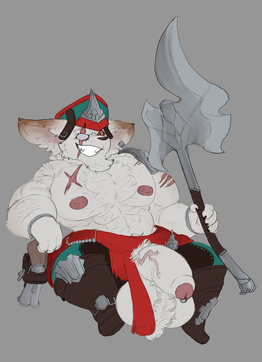 anthro axe body_hair clothed clothing genital_piercing genitals hi_res humanoid humanoid_genitalia kled_(lol) league_of_legends loganarcania male muscular nipples pecs penis penis_piercing piercing riot_games solo yordle