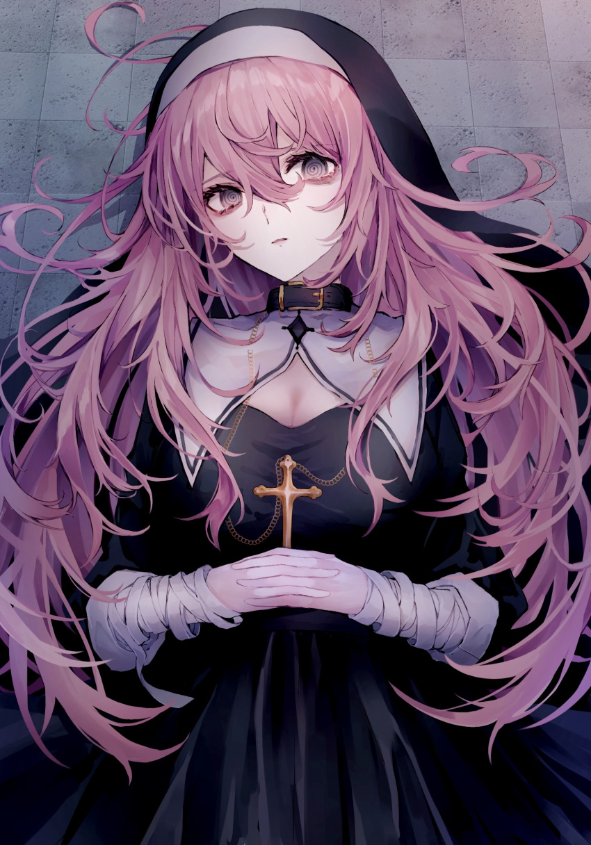 1girl @_@ absurdres bandaged_arm bandages black_collar black_dress breasts choker cleavage collar commission cross cross_necklace dress grey_eyes habit hair_between_eyes highres himawari_himuka interlocked_fingers jewelry long_hair messy_hair necklace nun original own_hands_together pink-haired_nun_(skeb) pink_hair skeb_commission solo