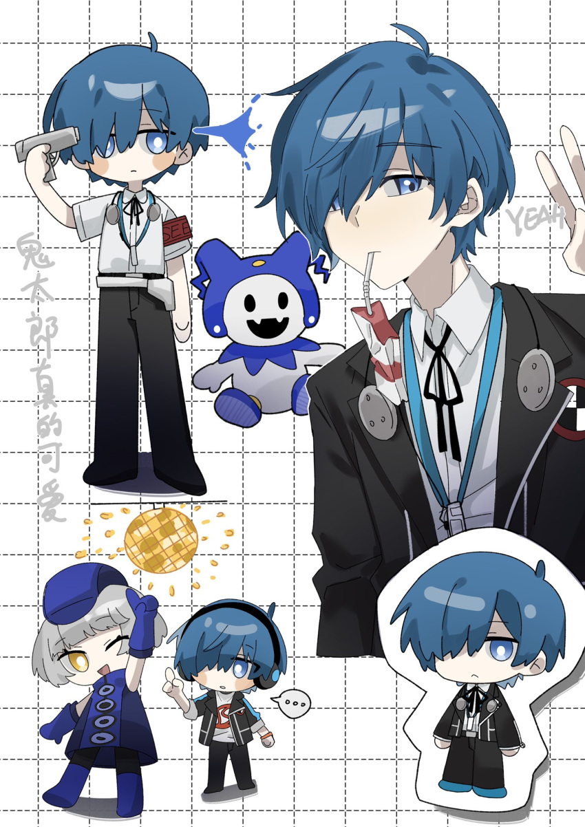 ... 1boy 1girl ahoge arm_up belt bishounen black_jacket black_pants black_ribbon blue_dress blue_eyes blue_footwear blue_gloves blue_hair blue_headwear blush chibi closed_mouth cropped_torso disco_ball dress drinking_straw elizabeth_(persona) full_body gekkoukan_high_school_uniform gloves grey_hair grid_background hair_over_one_eye hand_up headphones highres jack_frost jacket long_sleeves looking_at_viewer male_focus metaru707 multiple_views neck_ribbon official_alternate_costume one_eye_closed pants persona persona_3 pointing pointing_up ribbon school_uniform shirt short_hair sleeveless sleeveless_dress spoken_ellipsis standing v water_gun white_background white_shirt yuuki_makoto