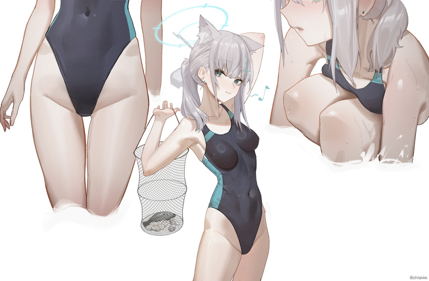 1girl ahoge animal_ear_fluff animal_ears bare_arms bare_shoulders blue_archive blush breasts chilakkk cleavage close-up closed_mouth collarbone competition_swimsuit covered_navel cowboy_shot fishing_net folded grey_hair groin hair_between_eyes highleg highleg_swimsuit holding looking_at_viewer medium_breasts multiple_views musical_note one-piece_swimsuit shiroko_(blue_archive) shiroko_(swimsuit)_(blue_archive) simple_background sitting smile solo spoken_musical_note standing swimsuit thighs wet white_background