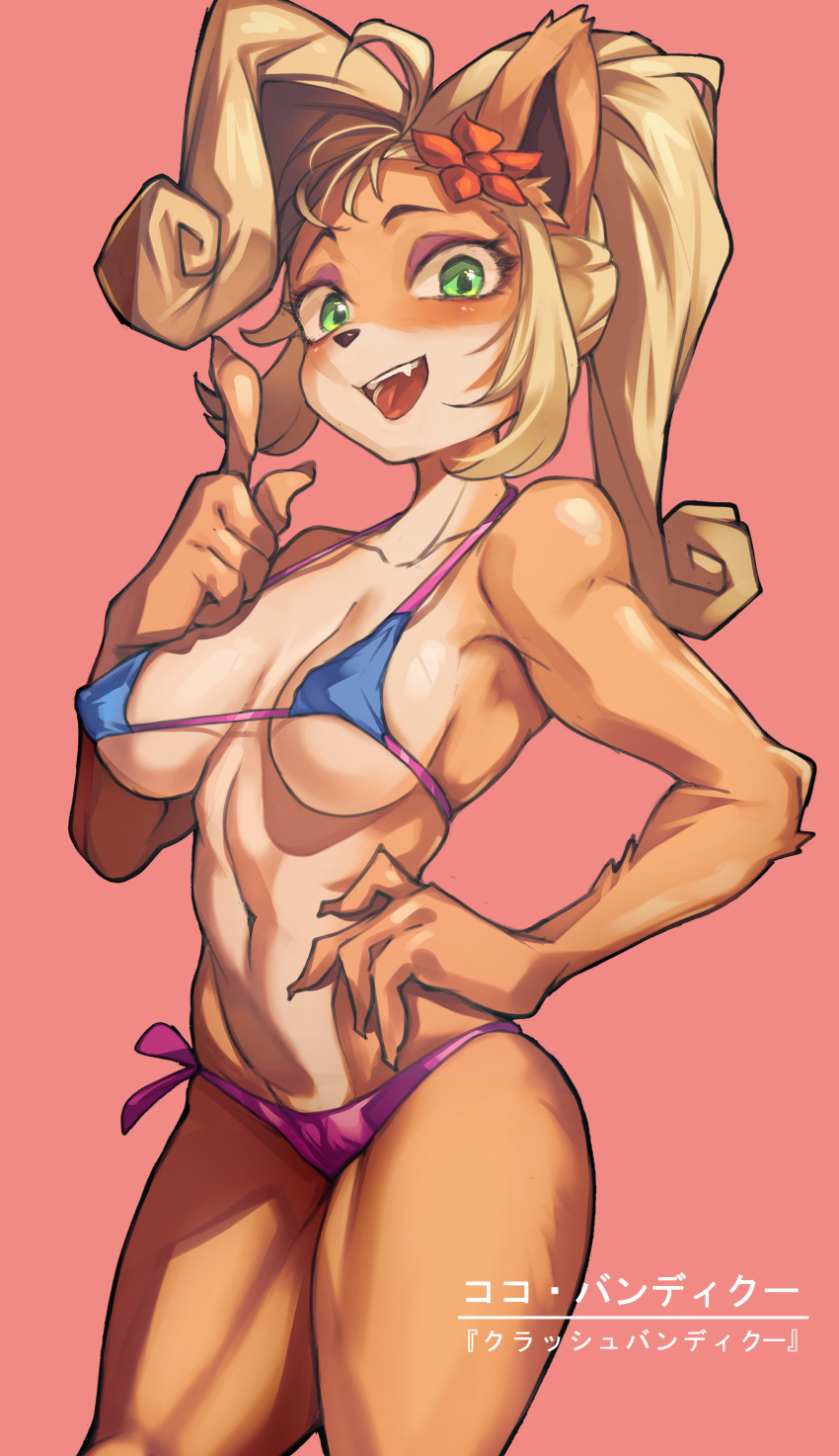 absurd_res accessory activision anthro bandicoot bikini blonde_hair blush breasts brown_body brown_fur clothing coco_bandicoot crash_bandicoot_(series) female flower flower_in_hair fur green_eyes hair hair_accessory hi_res iepelppa looking_at_viewer mammal marsupial plant simple_background solo swimwear
