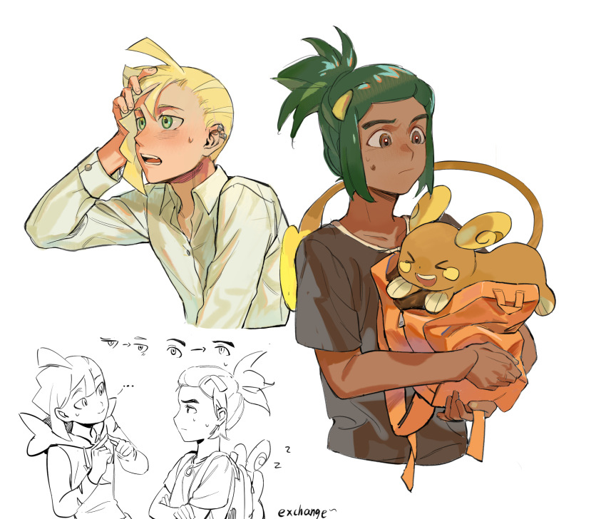 2boys alolan_raichu backpack backpack_removed bag blonde_hair brown_eyes closed_mouth collared_shirt commentary_request dark-skinned_male dark_skin ear_piercing gladion_(pokemon) green_eyes green_hair hand_up hau_(pokemon) highres holding holding_bag male_focus multiple_boys multiple_views open_mouth orange_bag partially_colored piercing pokemon pokemon_(creature) pokemon_(game) pokemon_sm s67569077 shirt short_hair short_ponytail teeth tongue white_background