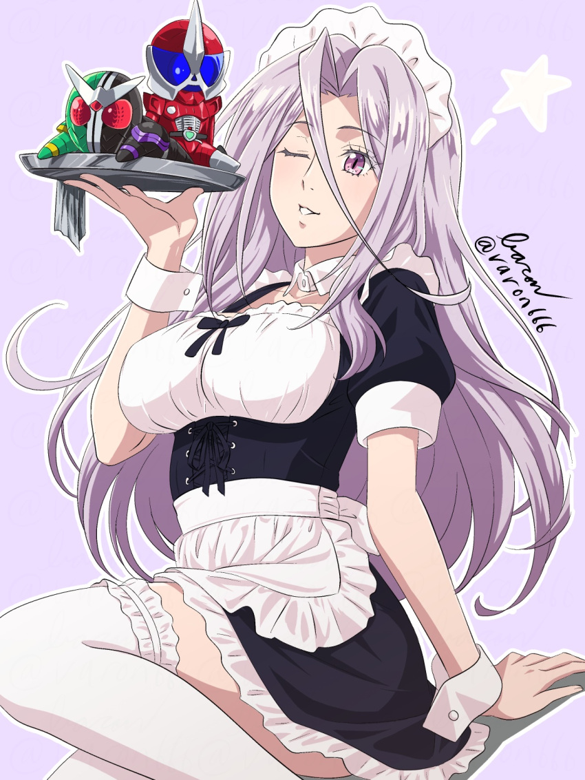 1girl alternate_costume apron arm_support artist_name bangs baron_(varon666) black_dress breasts detached_collar dress enmaided fuuto_tantei hair_between_eyes highres holding holding_plate kamen_rider kamen_rider_w large_breasts long_hair looking_at_viewer maid maid_apron maid_headdress one_eye_closed parted_lips plate puffy_short_sleeves puffy_sleeves purple_background purple_eyes purple_hair short_dress short_sleeves sitting solo star_(symbol) straight_hair thighhighs tokime_(fuuto_tantei) twitter_username very_long_hair white_thighhighs wrist_cuffs