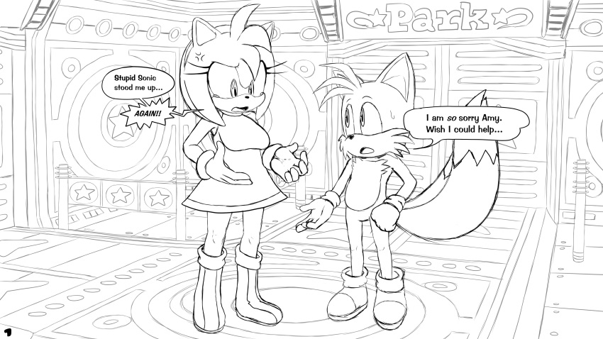 absurd_res amy_rose angry bodily_fluids clothed clothing comic cross-popping_vein excito female hi_res male miles_prower sega sonic_the_hedgehog_(series) speech_bubble sweat sweatdrop text twinkle_park