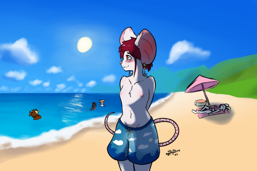 3:2 albino anthro beach blush breasts clothed clothing ear_piercing ear_ring female hair mammal mouse murid murine nipples outside piercing public public_nudity red_eyes red_hair ring_piercing rodent seaside small_breasts solo swimming_trunks swimwear topless vaithun