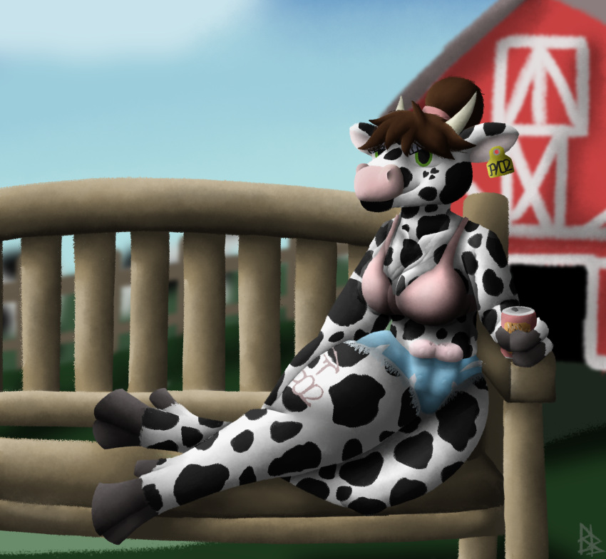 3_fingers animal_humanoid anthro barn beabea. bench bess_(beabea.) beverage_can big_breasts black_and_white_fur bottomwear bovid bovid_humanoid bovine bovine_humanoid bra branded branding_mark breasts brown_hair cattle cattle_humanoid clothing cutoffs denim denim_bottomwear denim_clothing ear_tag ear_tagging farm farm_girl female fingers hair hi_res hooves horn humanoid looking_at_viewer mammal mammal_humanoid pink_bra pink_clothing pink_underwear shirt shorts solo teats thick_thighs topwear torn_bottomwear torn_clothing torn_shorts udders underwear wide_hips