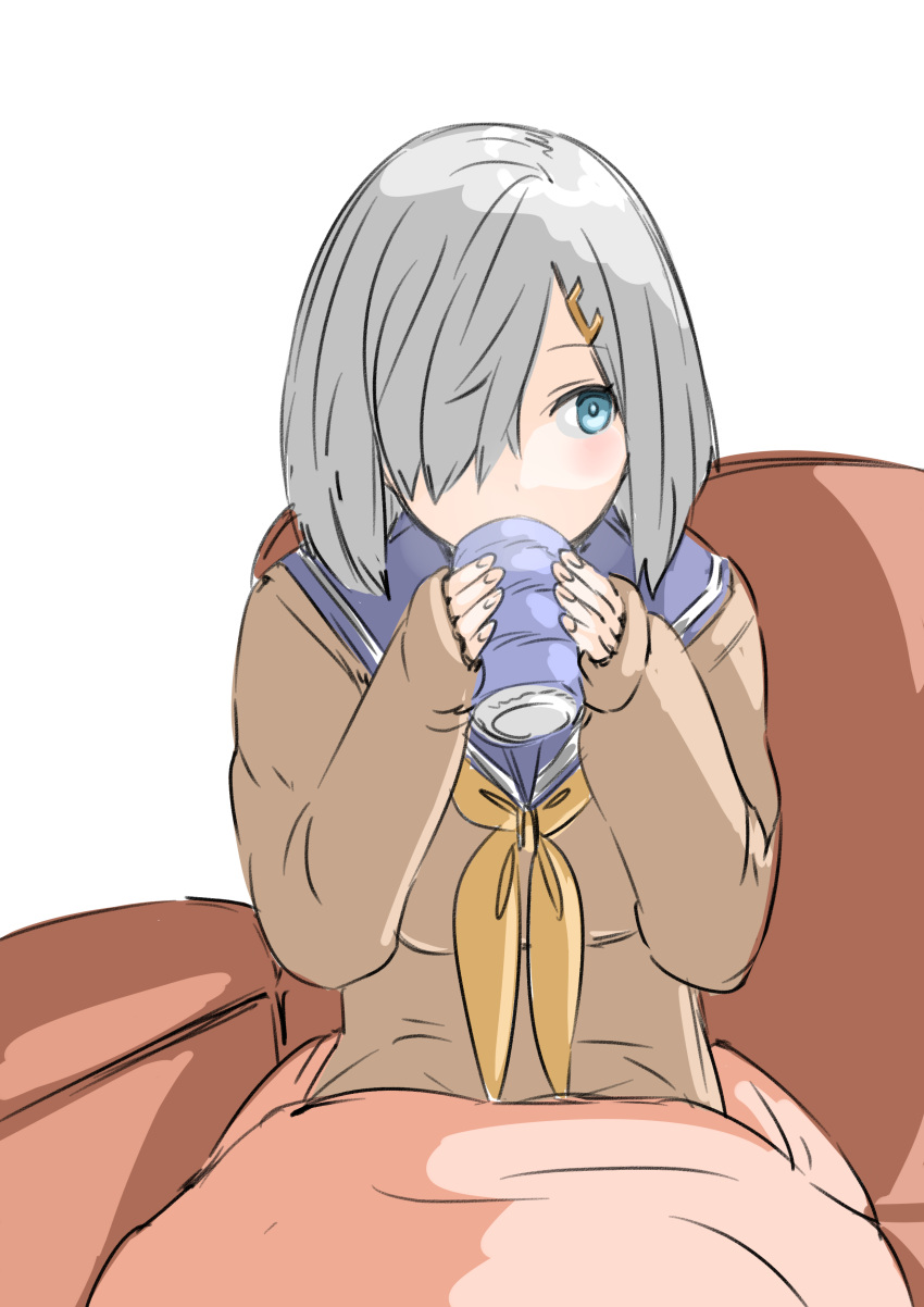 30-06 absurdres blanket breasts brown_sweater cup drink grey_hair hair_ornament hair_over_one_eye hairclip hamakaze_(kancolle) highres holding holding_drink kantai_collection long_sleeves looking_to_the_side neckerchief school_uniform serafuku short_hair sitting sweater