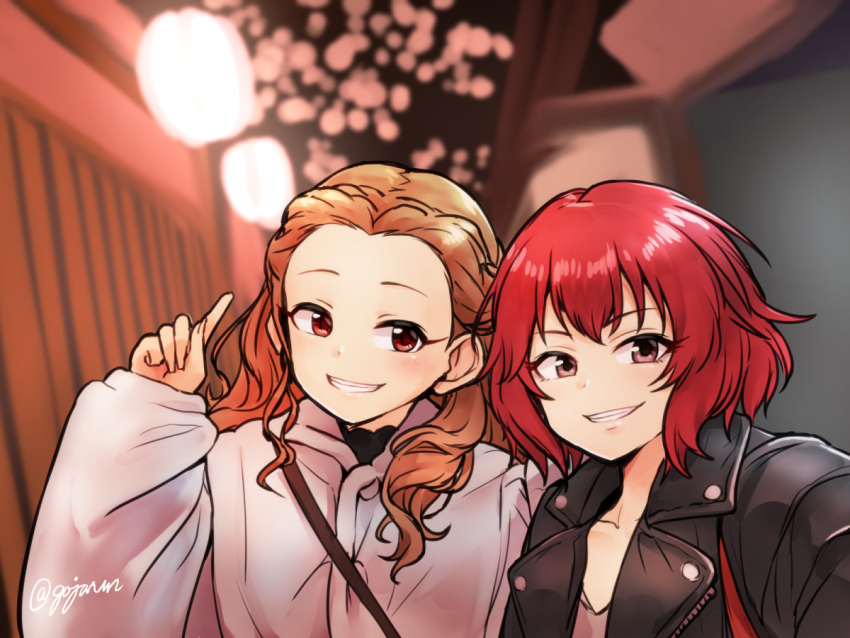 2girls black_jacket blurry blurry_background blush brown_hair gojarun grin idolmaster idolmaster_cinderella_girls jacket lantern leather leather_jacket looking_at_viewer multiple_girls murakami_tomoe outdoors paper_lantern red_hair seki_hiromi selfie smile twitter_username upper_body