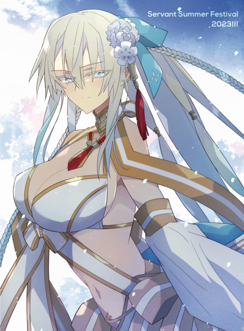 1girl bare_shoulders bikini blue_eyes blue_hair blue_sky braid breasts cleavage detached_sleeves fate/grand_order fate_(series) flower french_braid gold_trim gradient_hair hair_flower hair_ornament hair_ribbon highres large_breasts light_smile long_hair long_sleeves looking_at_viewer morgan_le_fay_(fate) morgan_le_fay_(water_princess)_(fate) multicolored_hair navel nogi_(acclima) ponytail puffy_long_sleeves puffy_sleeves ribbon sidelocks sky solo swimsuit twin_braids very_long_hair white_bikini white_hair