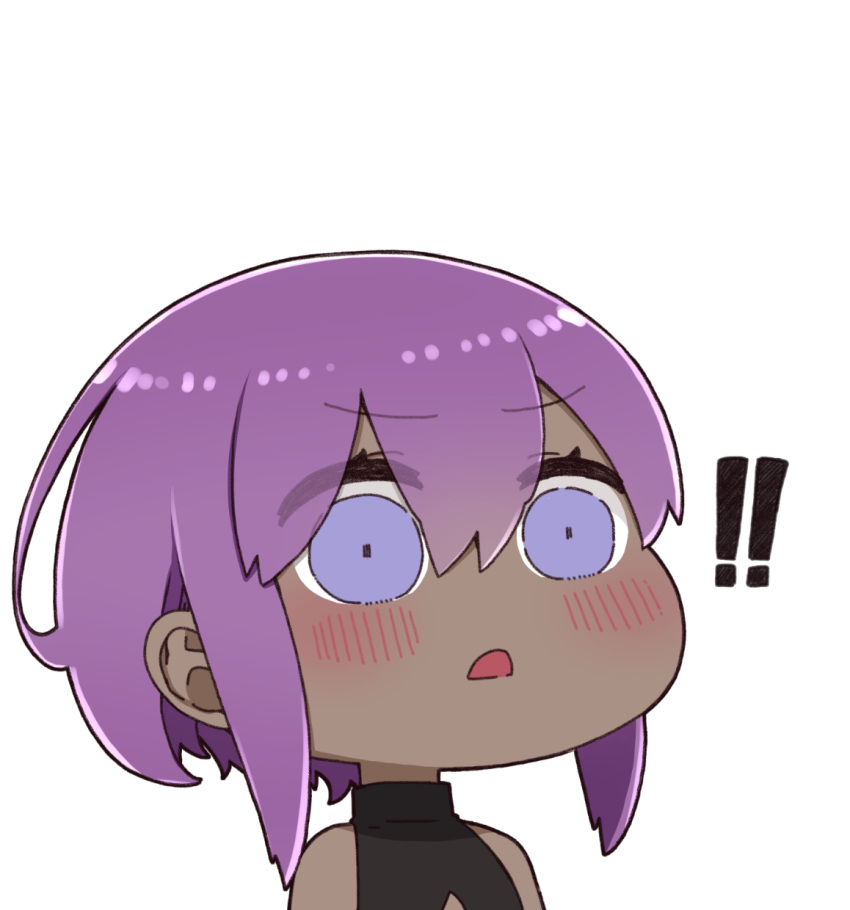 ! !! 1girl bare_shoulders black_shirt blush chibi dark-skinned_female dark_skin fate/prototype fate/prototype:_fragments_of_blue_and_silver fate_(series) hair_between_eyes hassan_of_serenity_(fate) highres i.u.y parted_lips purple_eyes purple_hair shirt simple_background sleeveless sleeveless_shirt solo upper_body white_background
